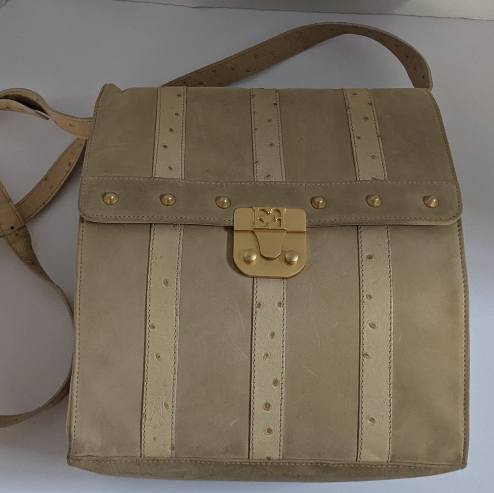 Escada Beige Suede Crossbody Bag with Gold Hardware